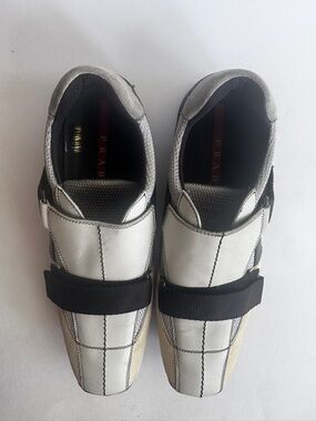 Prada Linea Rossa Vintage Velcro Strap Sneaker White Leather Grid EUR 40 Italy
